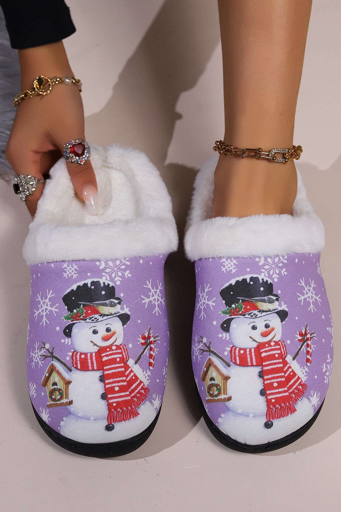 Snowman Round Toe Faux Fur Slippers