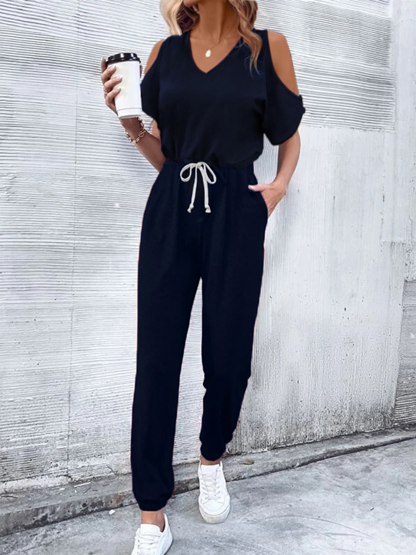 V-Neck Cold-Shoulder Jumpsuit with Pockets