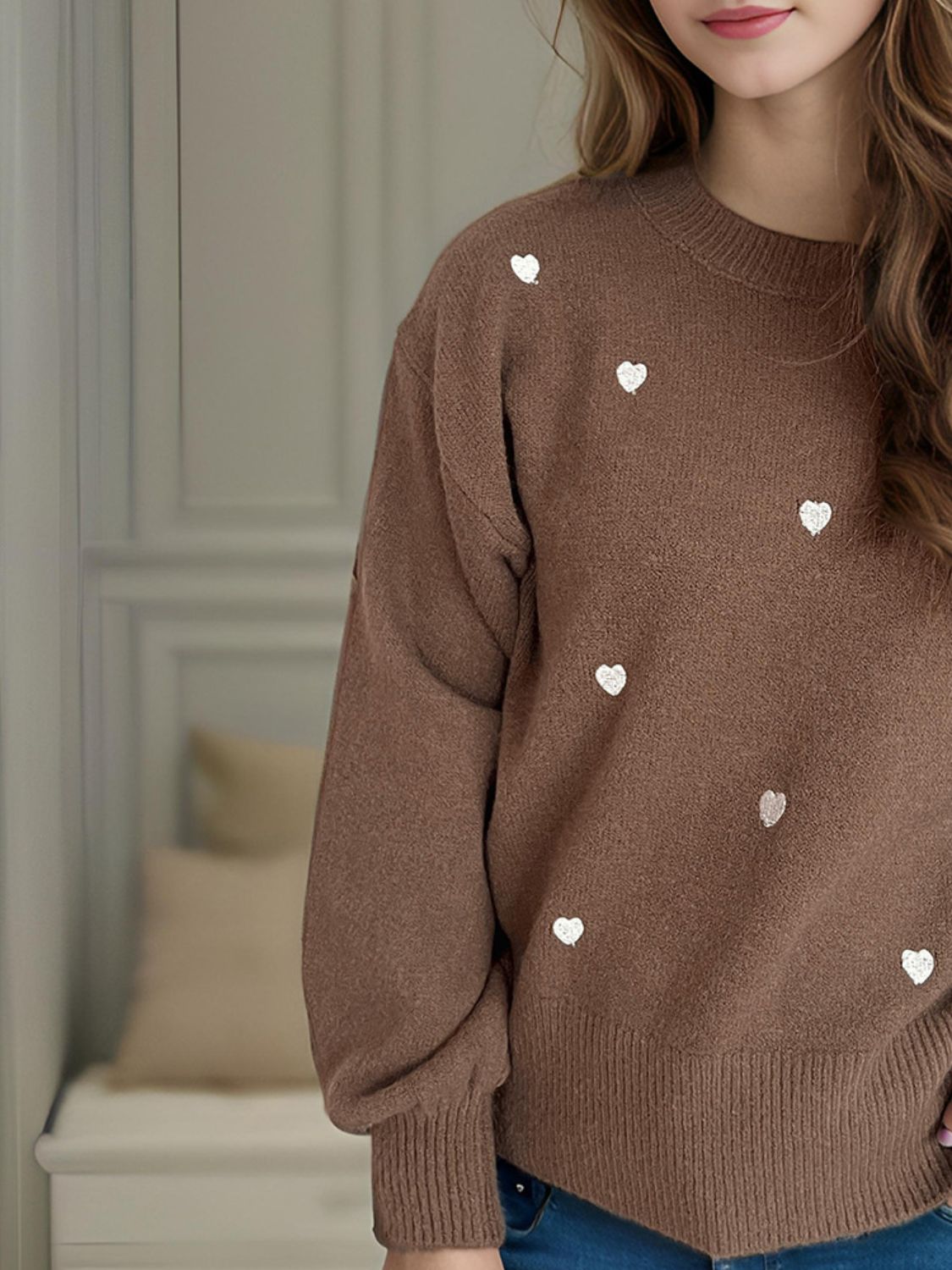 Heart Round Neck Long Sleeve Sweater