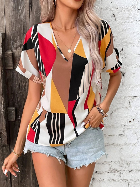 Printed V-Neck Short Sleeve Blouse