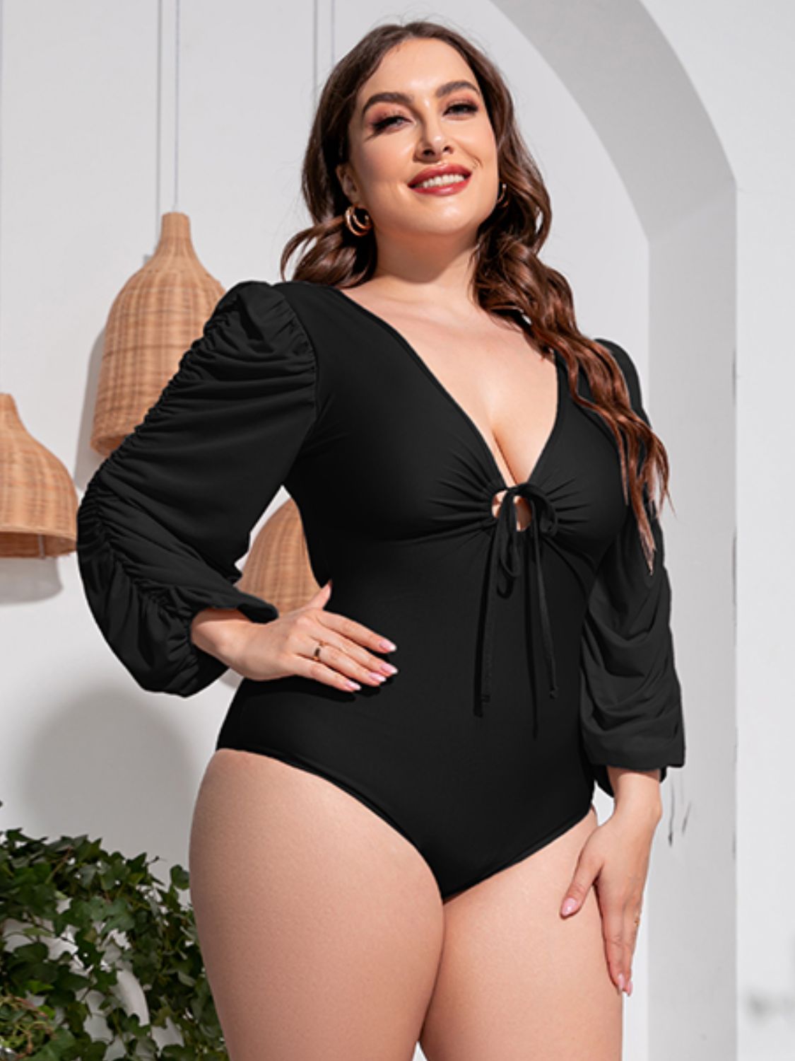 Plus Size Einteiliger Badeanzug mit tiefem V-Ausschnitt und Ballonärmeln