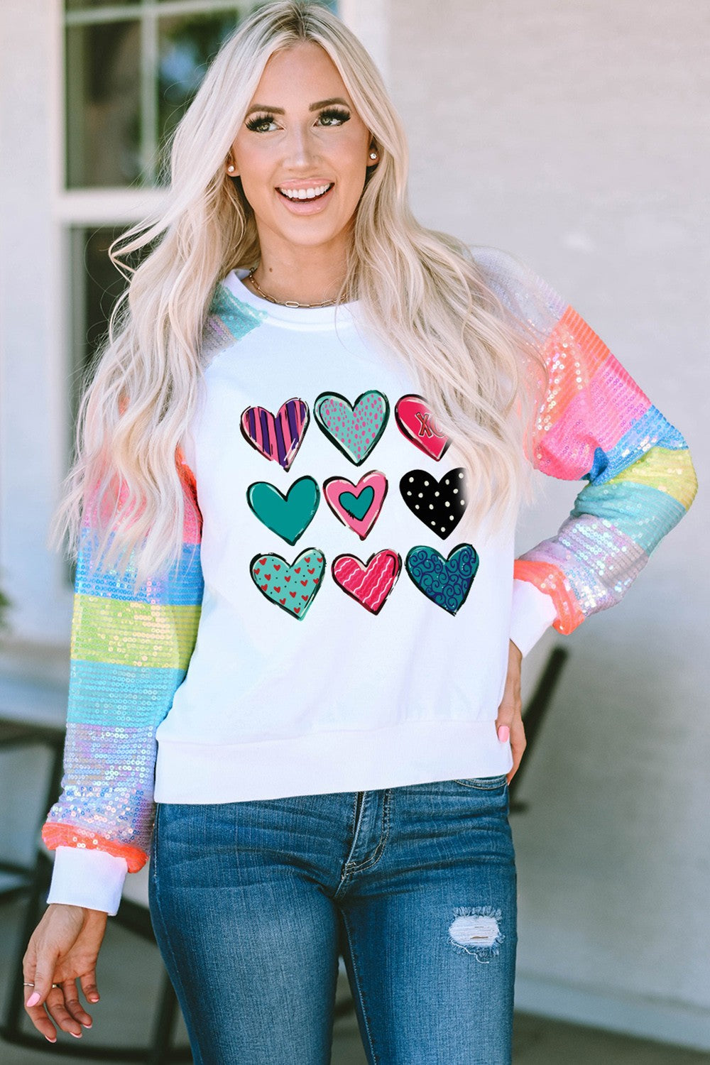 Heart Graphic Sequin Long Sleeve Sweatshirt