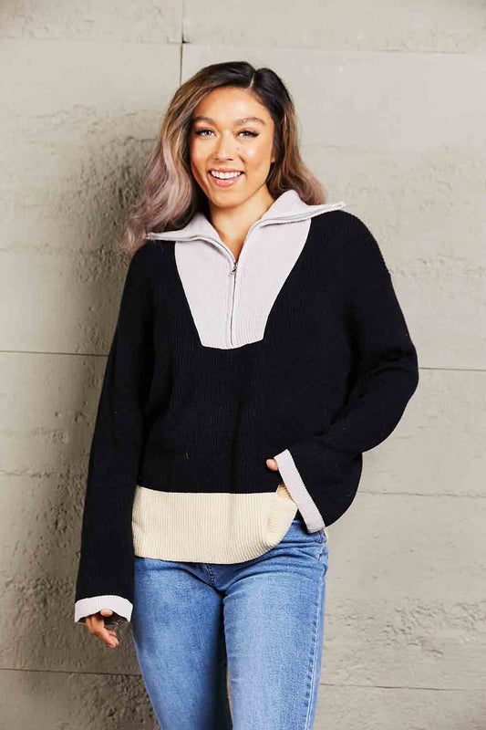 Color Block Half-Zip Dropped Shoulder Knit Pullover