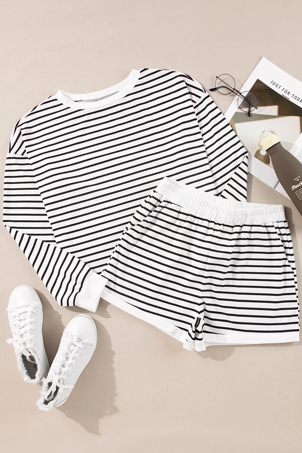 Striped Round Neck Long Sleeve Top and Shorts Set