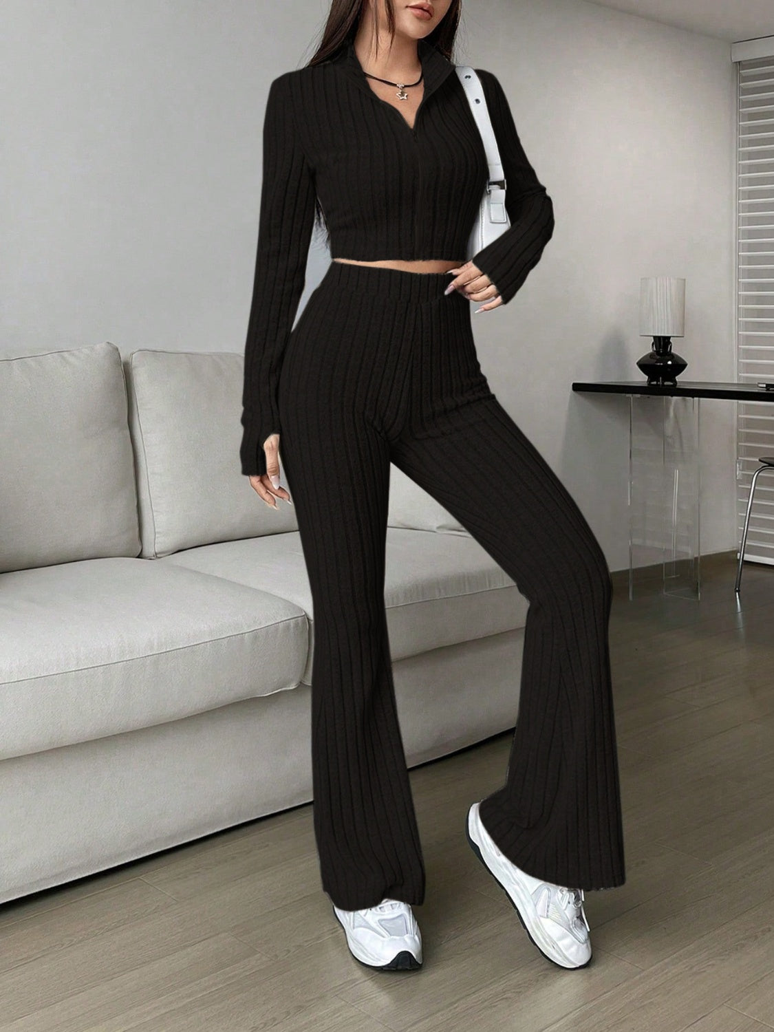 Zip Up Long Sleeve Top and Pants Set