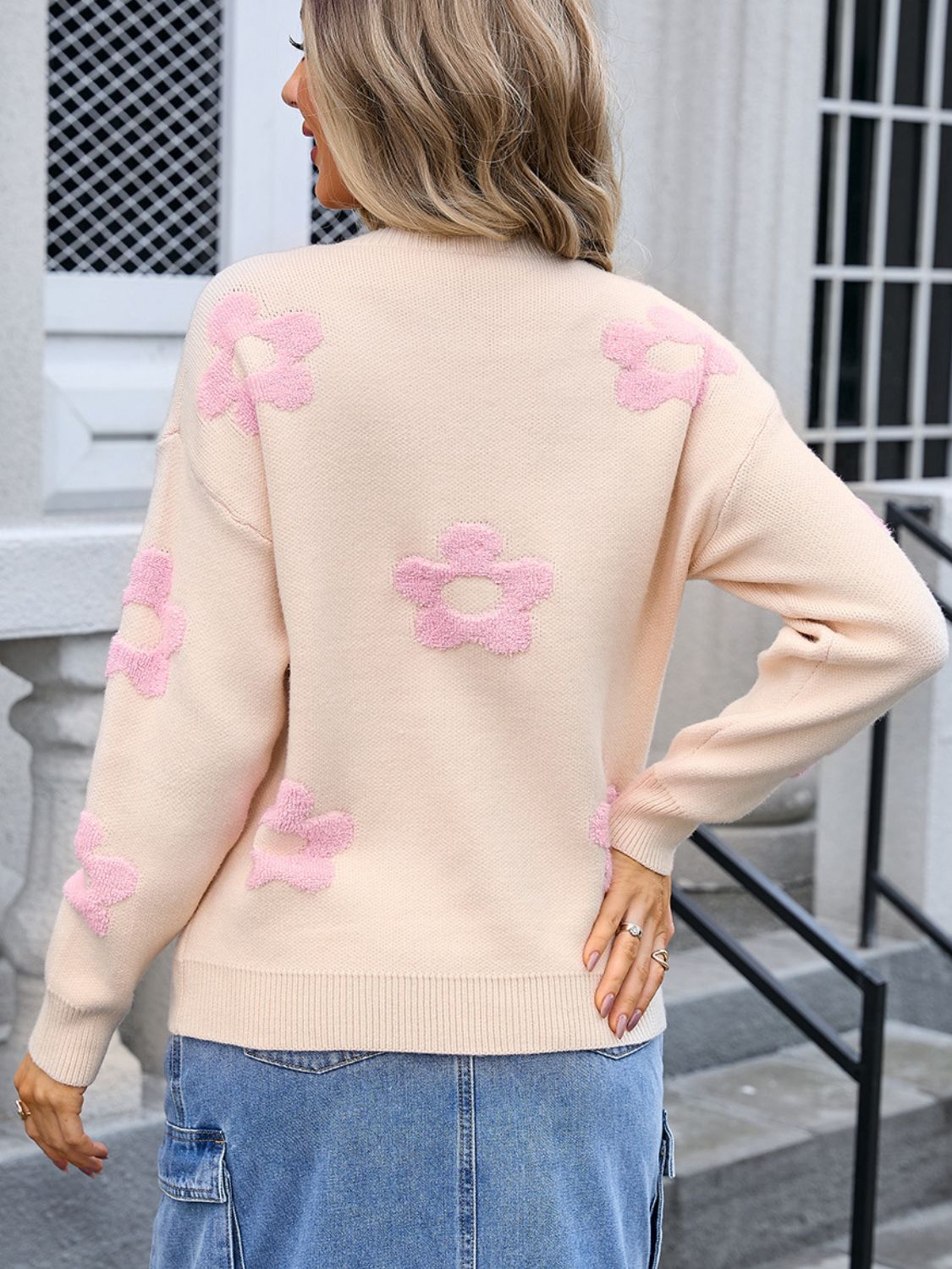 Flower Round Neck Long Sleeve Sweater