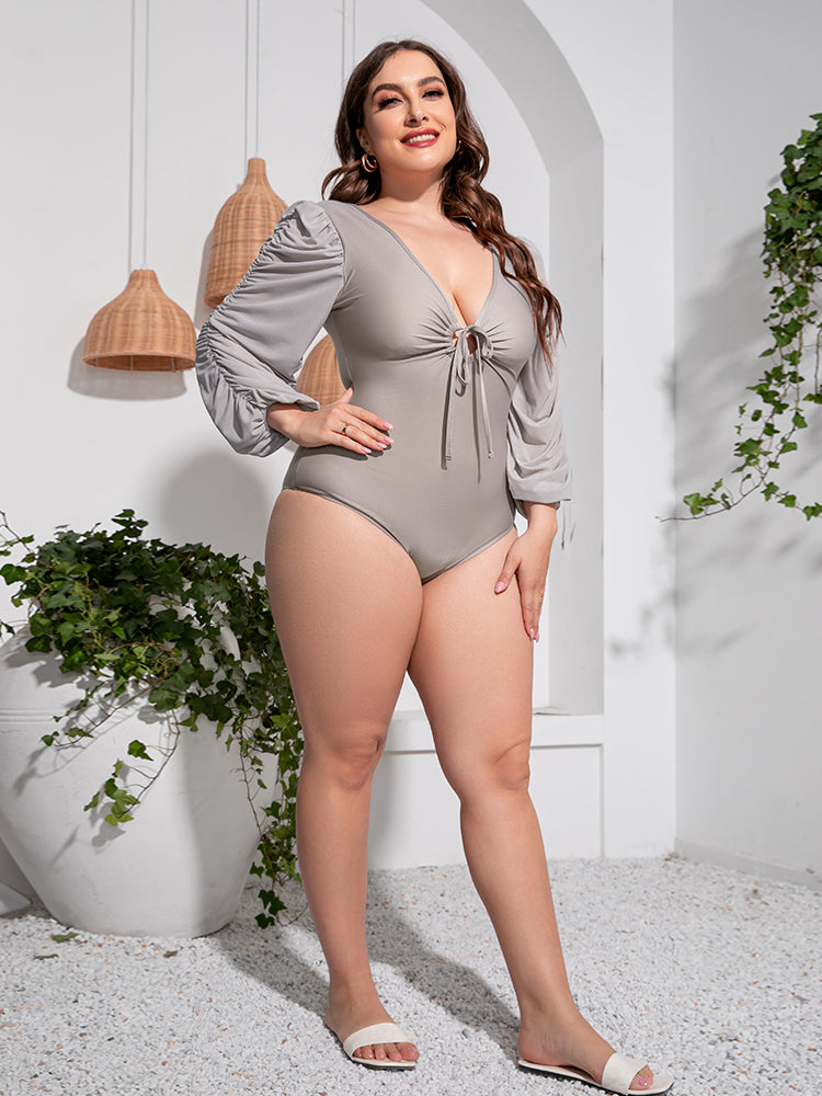 Plus Size Einteiliger Badeanzug mit tiefem V-Ausschnitt und Ballonärmeln