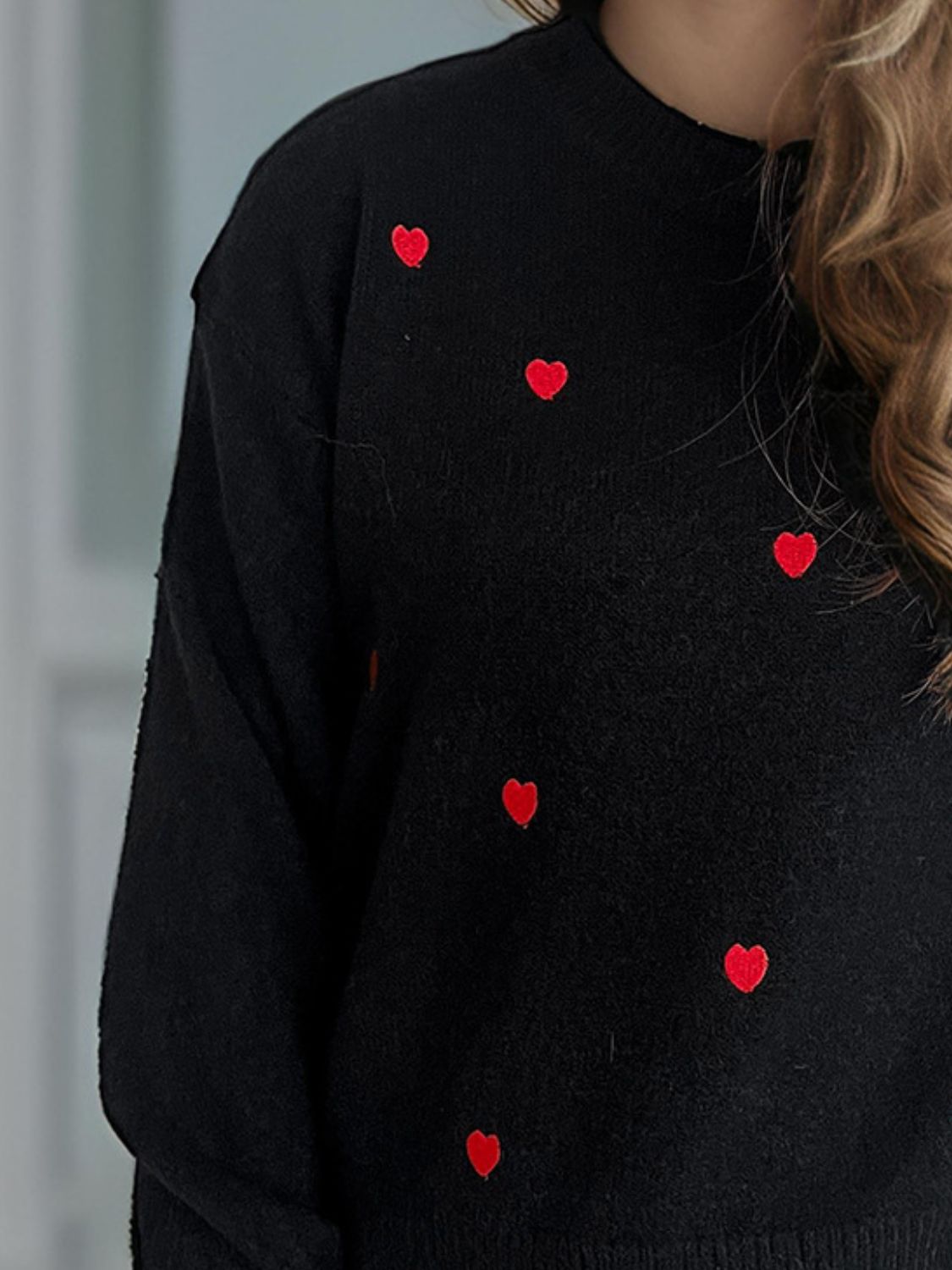 Heart Round Neck Long Sleeve Sweater