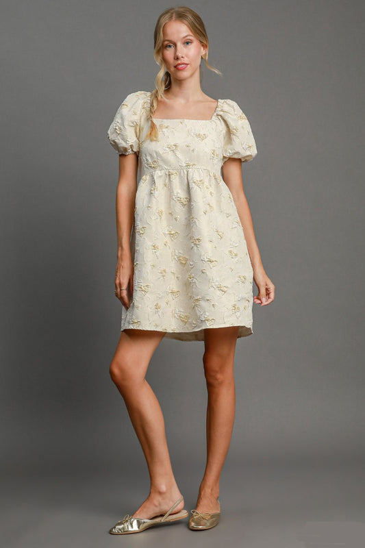 Umgee Heart Jacquard Square Neck Puff Sleeve Mini Dress