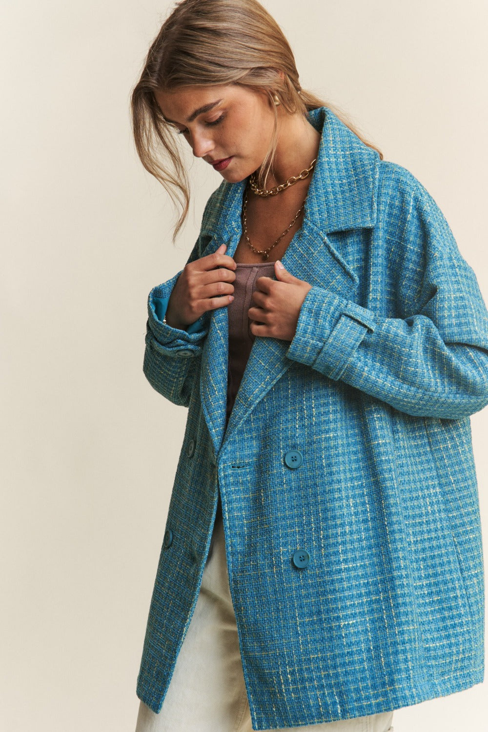 J.NNA Tweed Double-Breasted Long Sleeve Coat