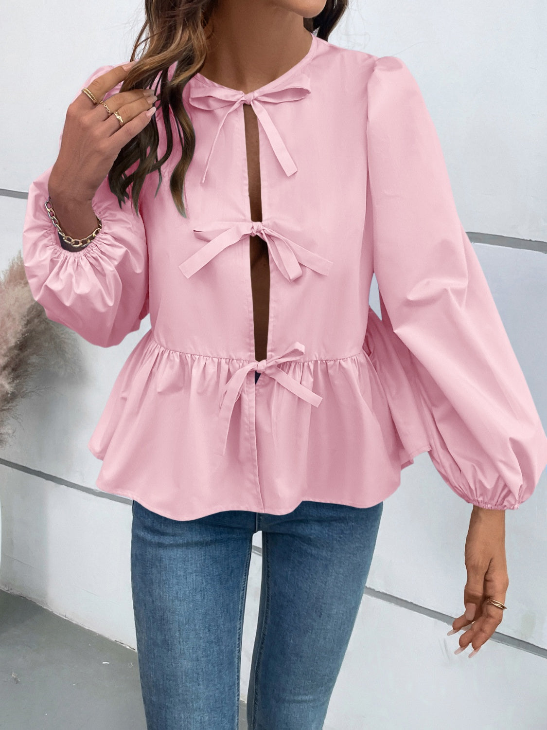 Peplum Tied Long Sleeve Blouse