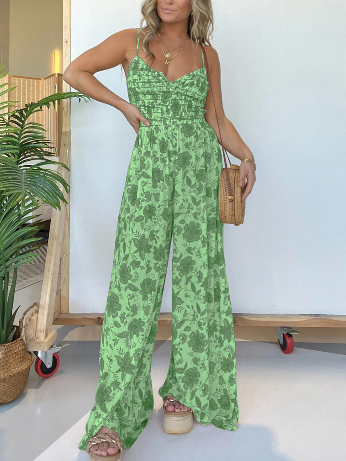 Full Size Printed Spaghetti Strap Wide Leg Jumpsuit