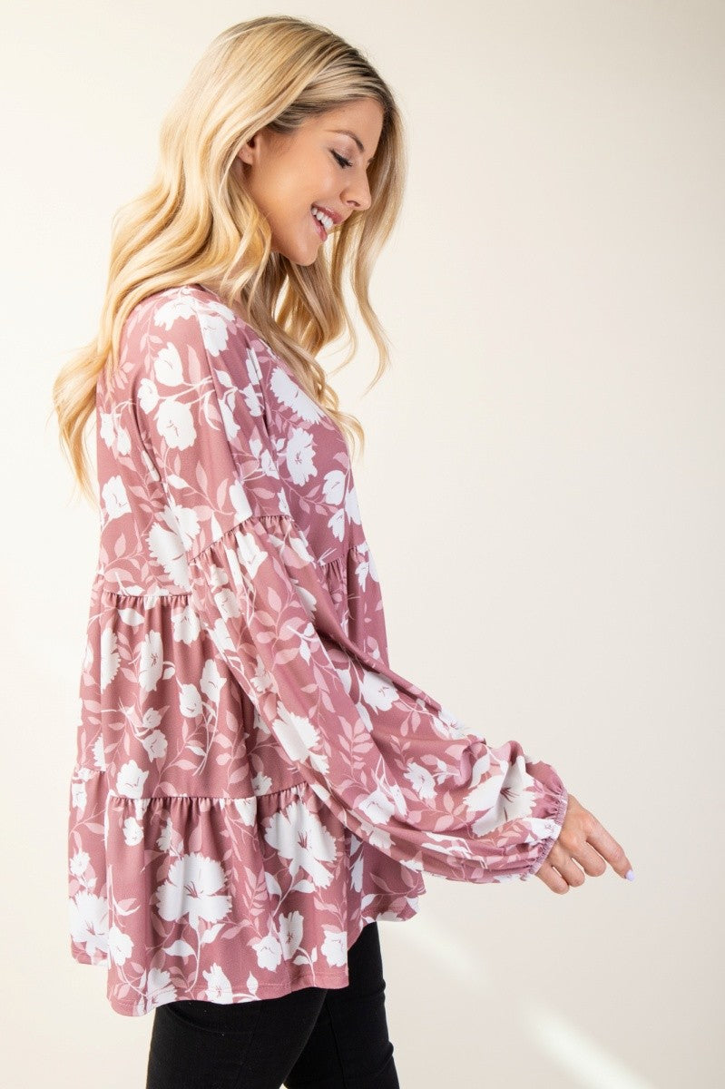 Celeste Full Size Tiered Floral V-Neck Long Sleeve Blouse