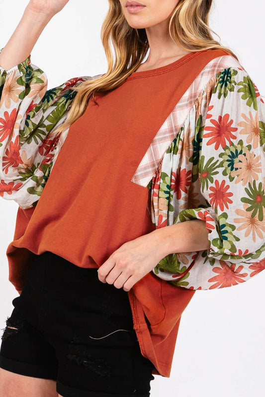 Printed Round Neck Balloon Sleeve Blouse