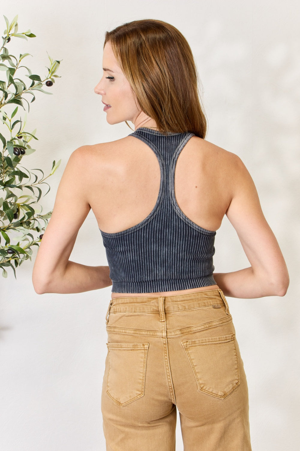 Zenana Washed Ribbed Crewneck Racerback Cropped Tank Top