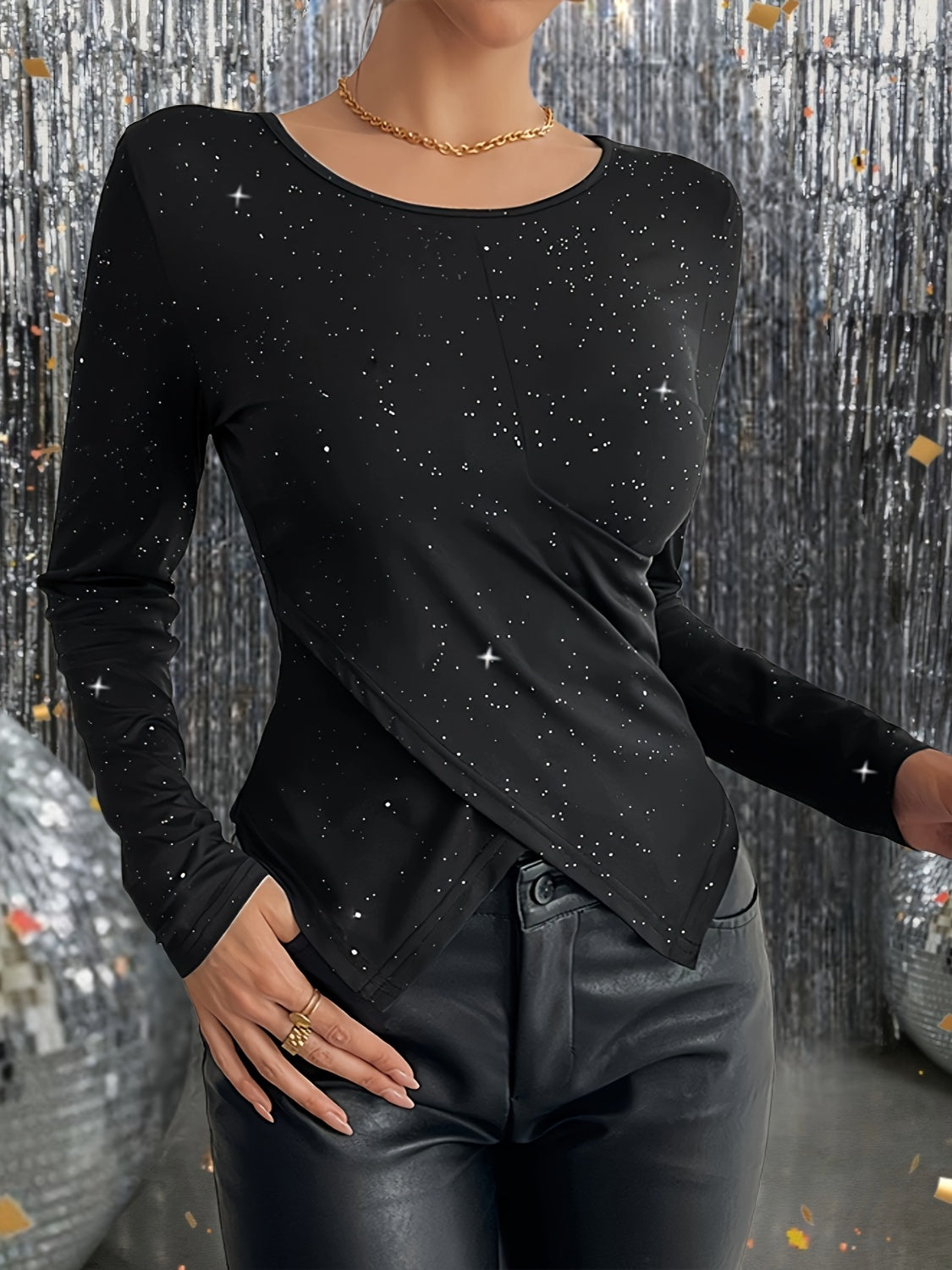 Glitter Round Neck Long Sleeve T-Shirt