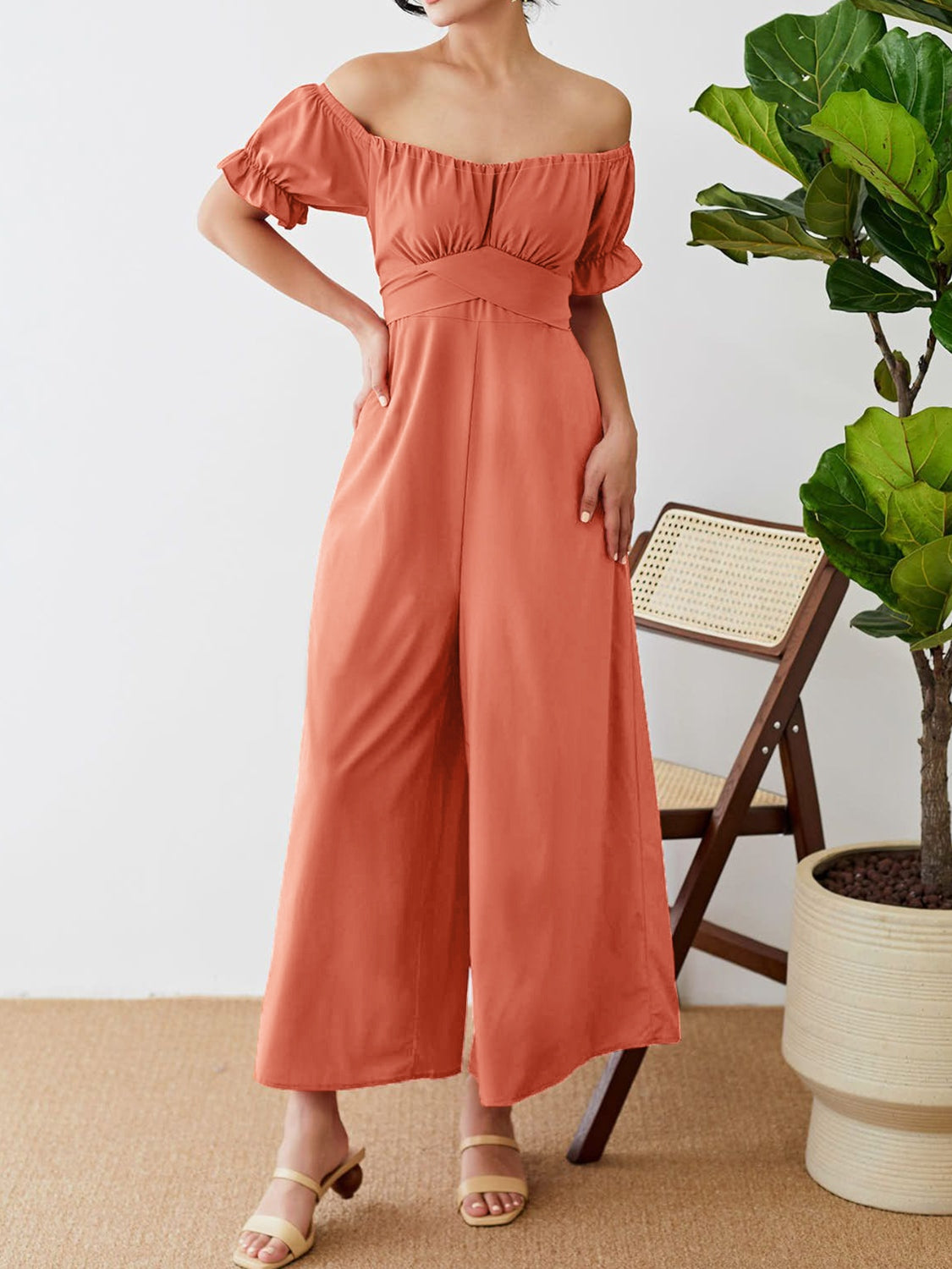 Off-Shoulder Short Sleeve Wide Leg Jumpsuit