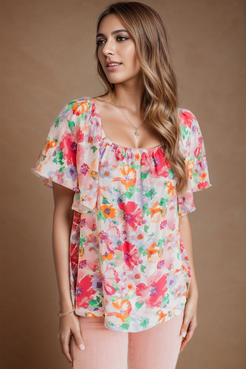 Printed Scoop Neck Flutter Sleeve Blouse