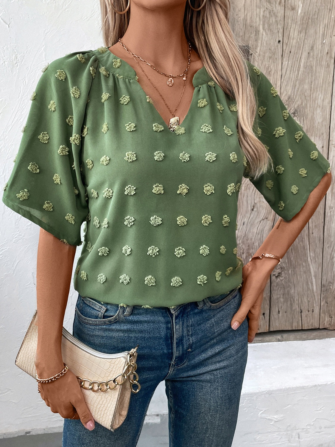 Swiss Dot Notched Half Sleeve Blouse