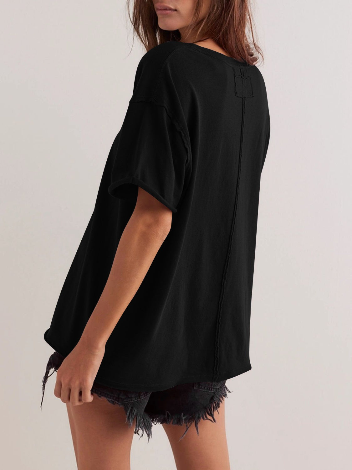 Lovelet Exposed Seam Round Neck Half Sleeve T-Shirt