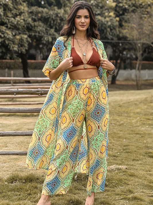 Printed Half Sleeve Top and Wide Leg Pants Set