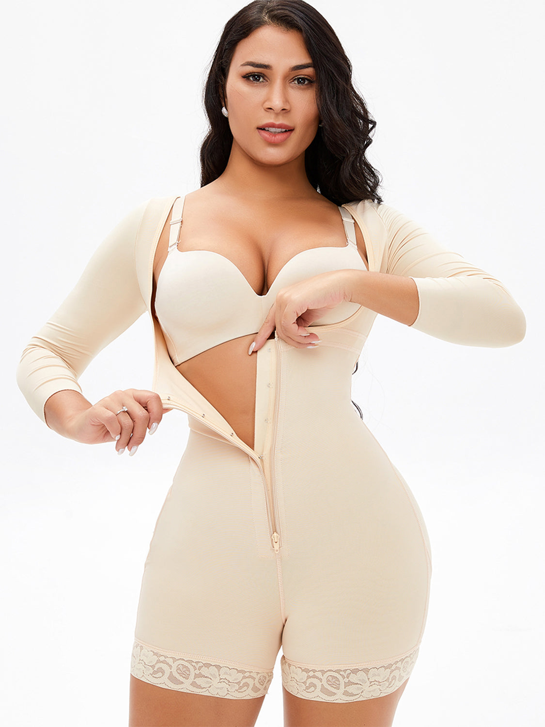 Shapewear mit langen Ärmeln und Reißverschluss in voller Größe und Spitzendetail