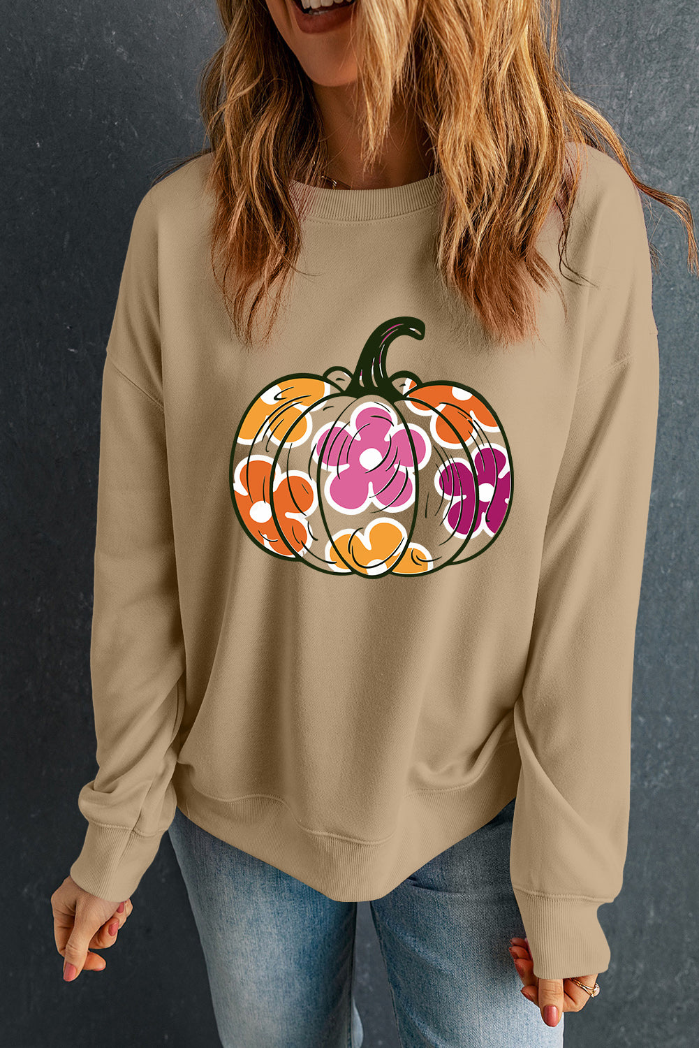 Pumpkin & Flower Graphic Long Sleeve Sweatshirt