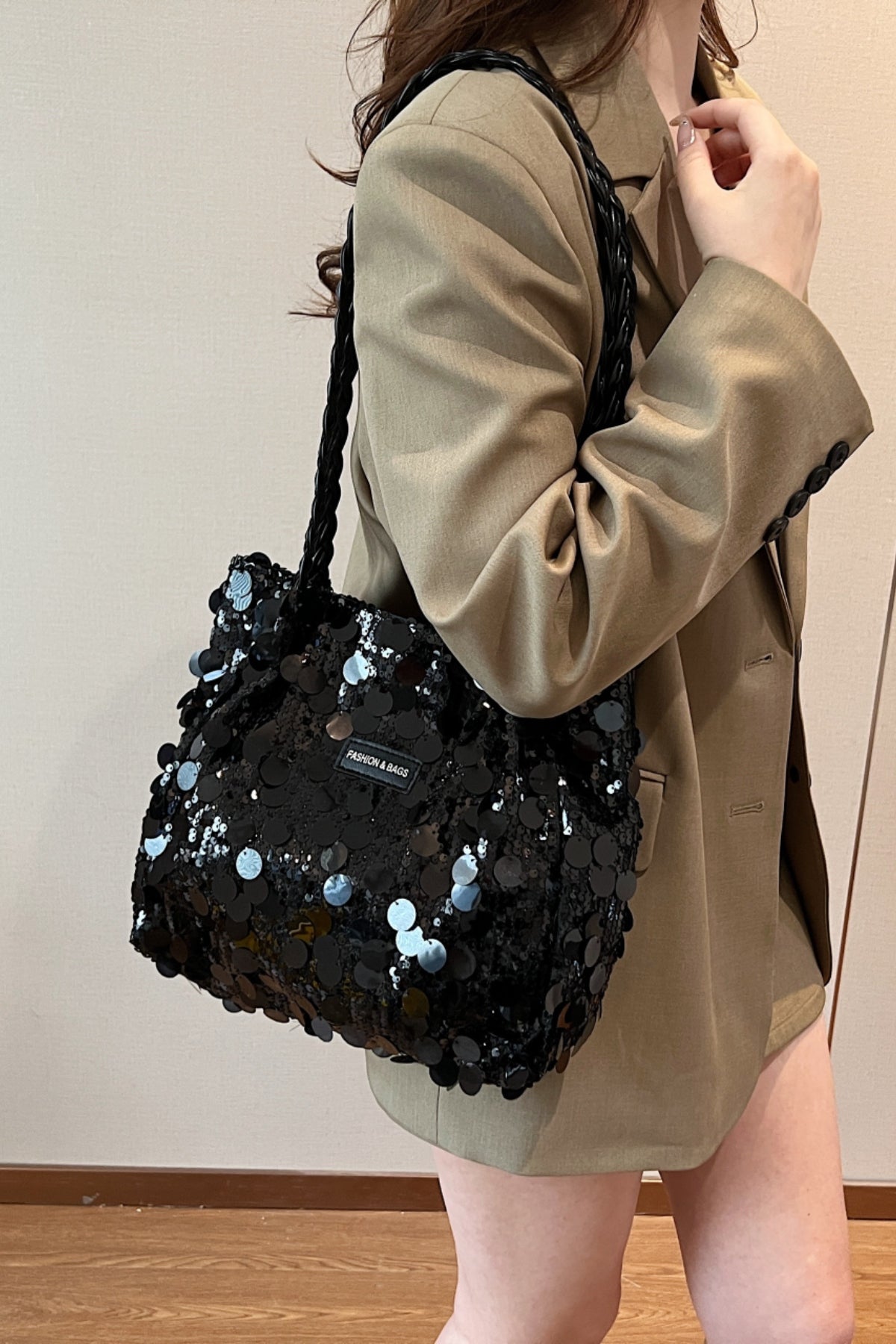 Sequin Braided Strap Shoulder Bag