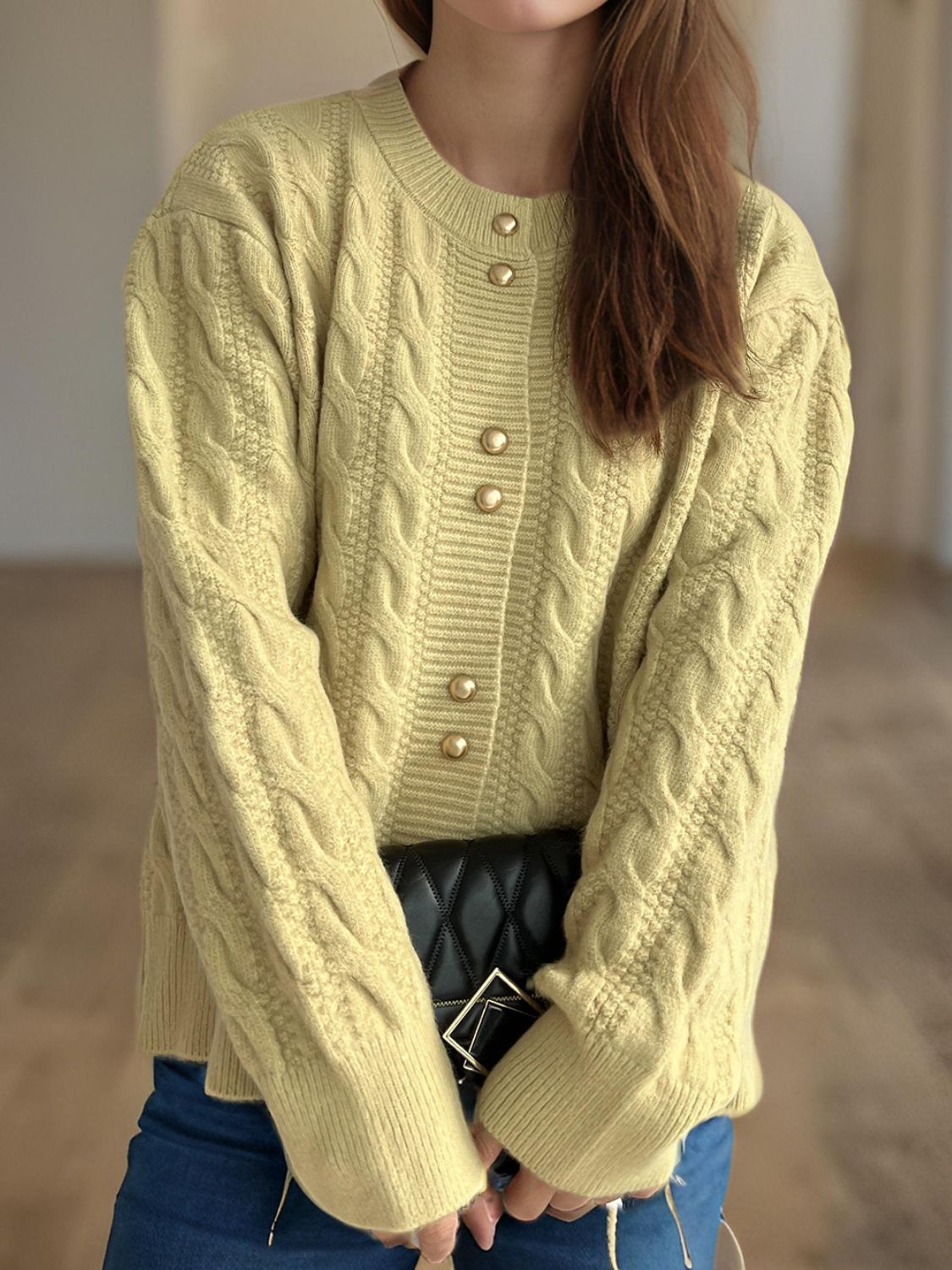 Cable-Knit Round Neck Long Sleeve Cardigan