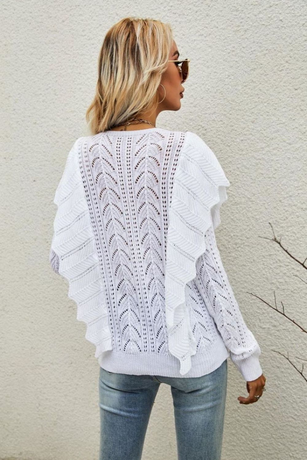 Angel Wings Openwork Round Neck Ruffled Sweater