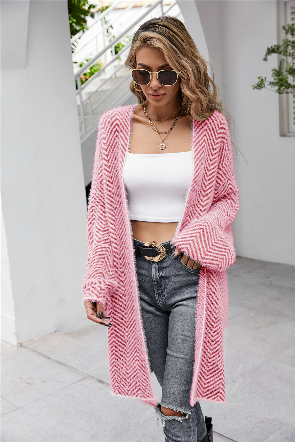 Angel Wings Herringbone Pattern Open Front Longline Fuzzy Cardigan