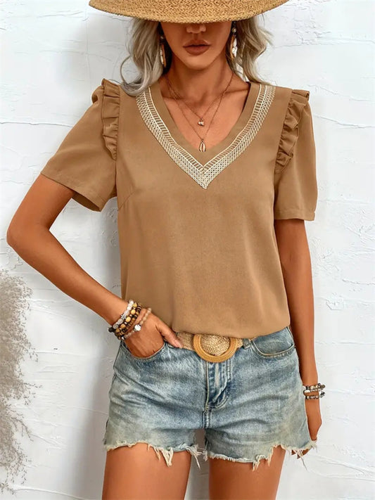 Ruffled V-Neck Short Sleeve Blouse