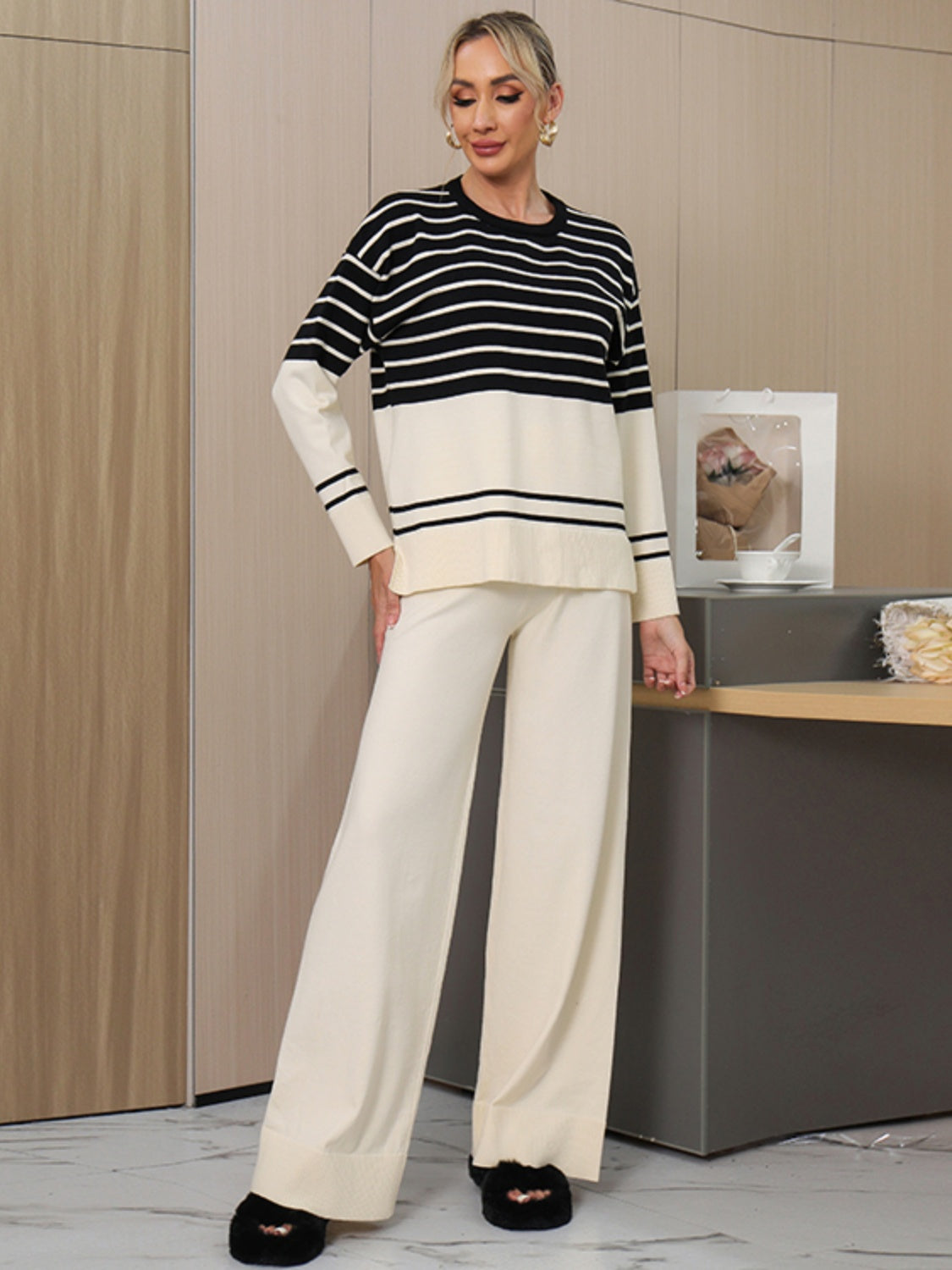 Basic Bae Striped Round Neck Long Sleeve Top and Pants Sweater Set