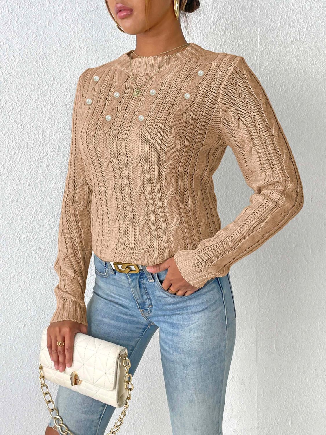 Cable-Knit Round Neck Long Sleeve Sweater