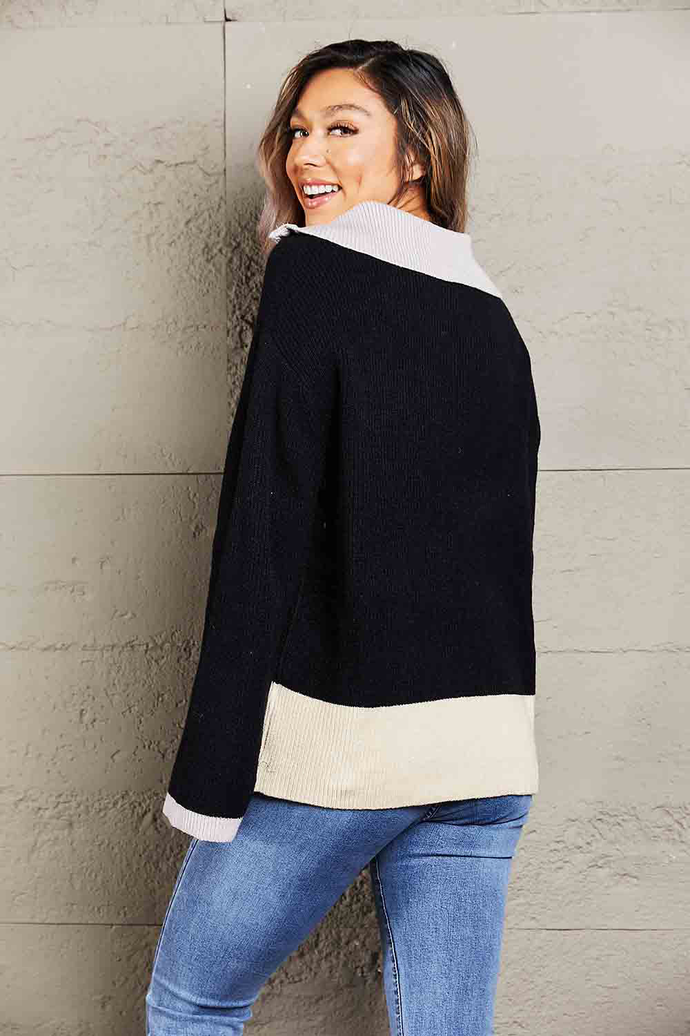 Color Block Half-Zip Dropped Shoulder Knit Pullover