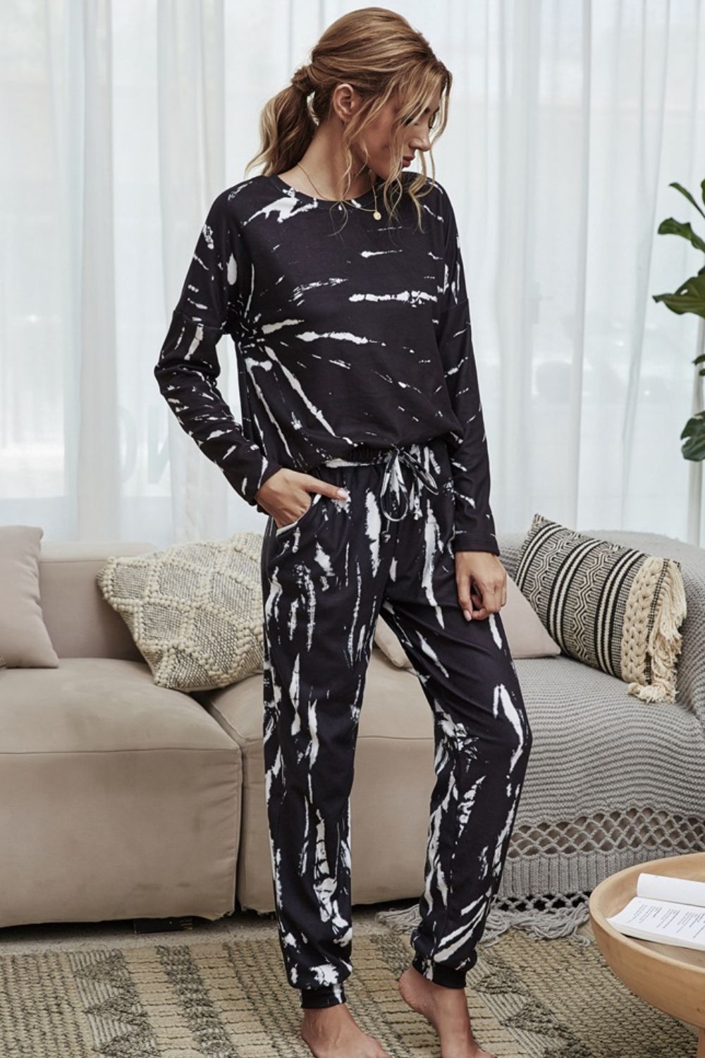 Tie-Dye Round Neck Top and Drawstring Waist Joggers Lounge Set