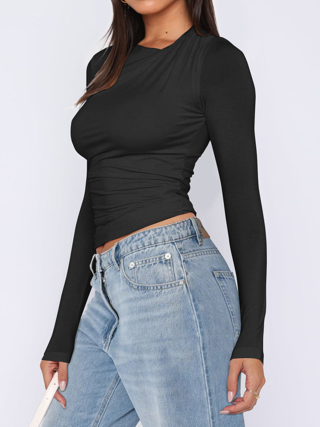 Ruched Asymmetrical Neck Long Sleeve T-Shirt