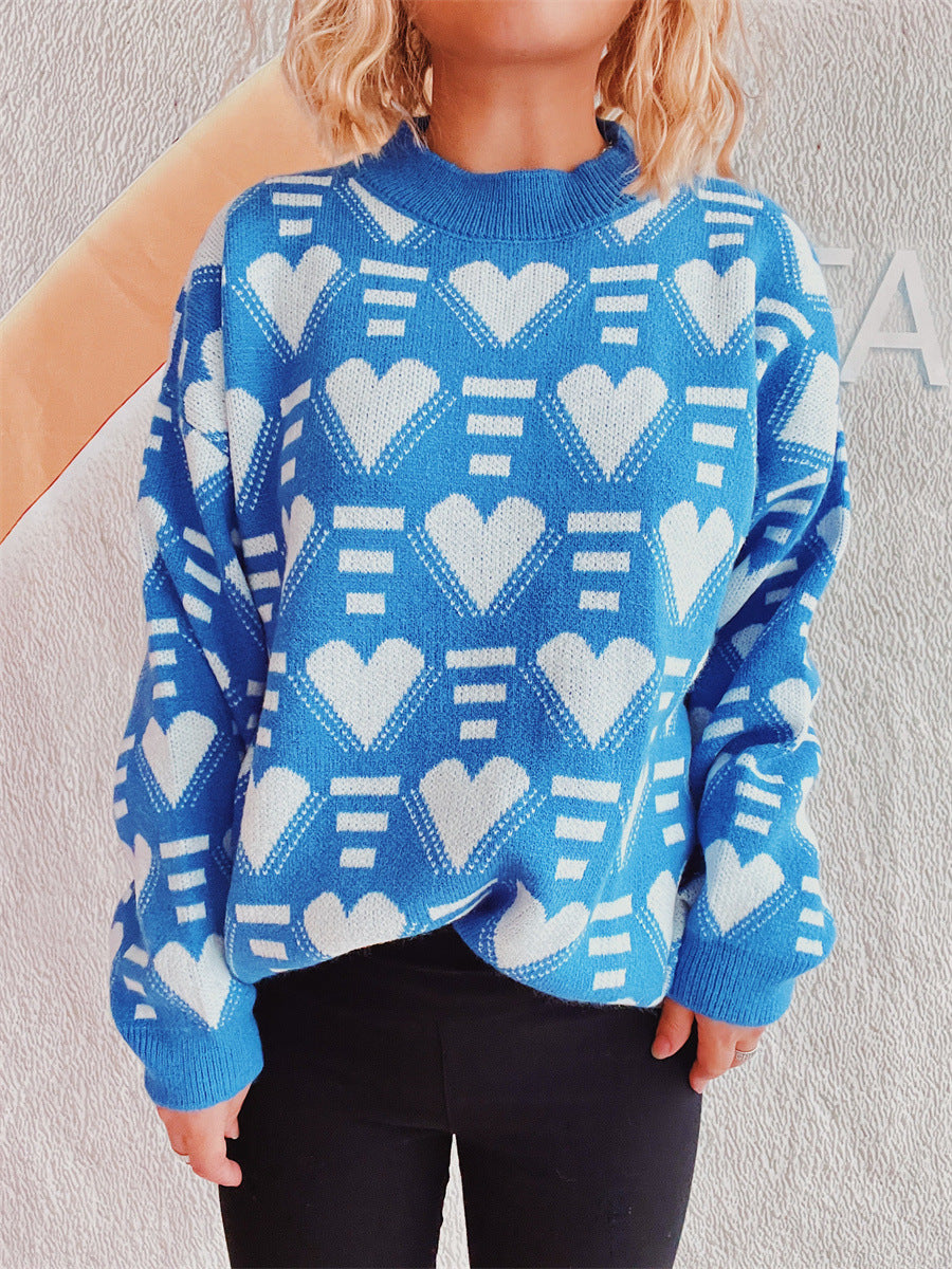 Heart Contrast Long Sleeve Dropped Shoulder Sweater