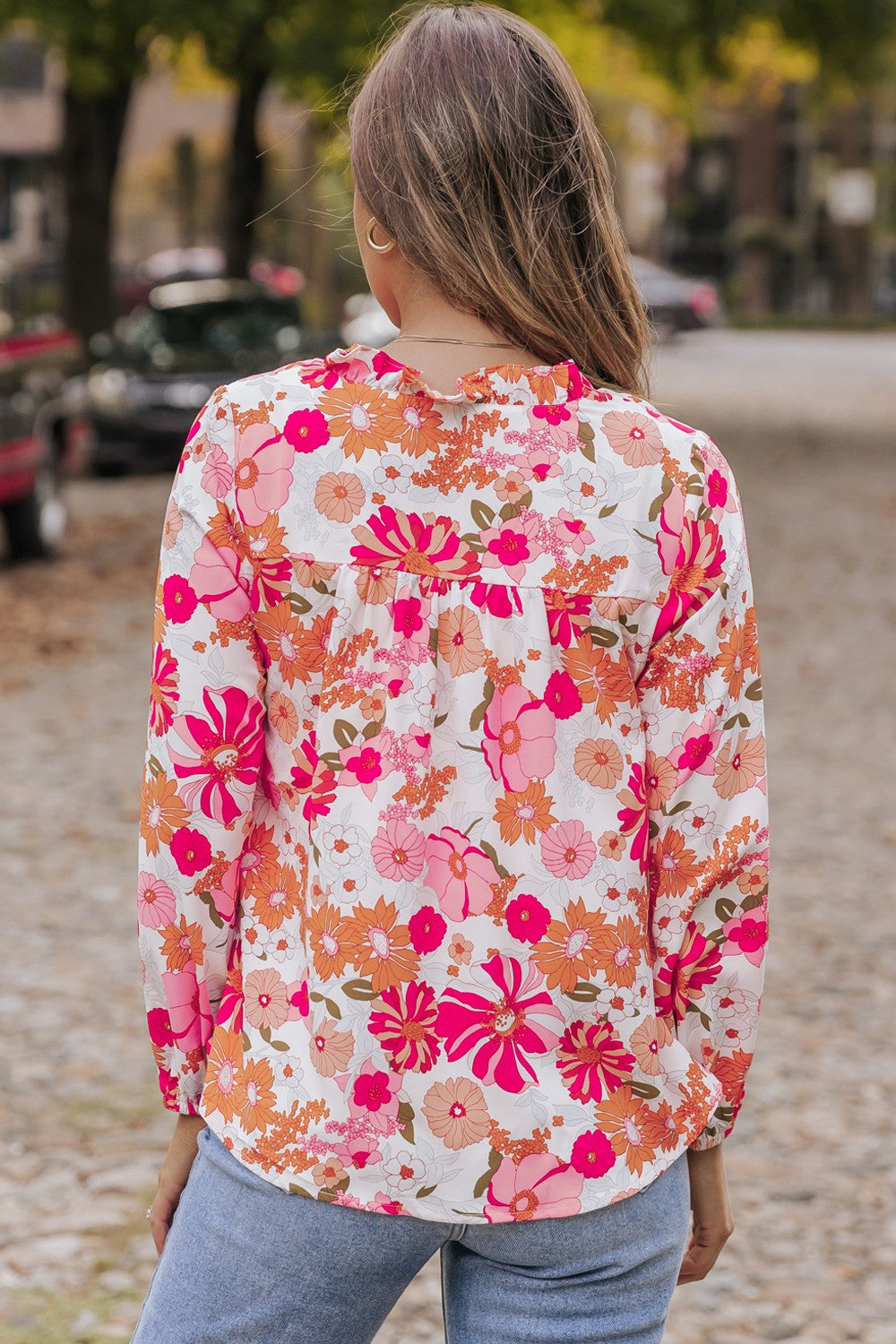 Floral V-Neck Frill Long Sleeve Blouse