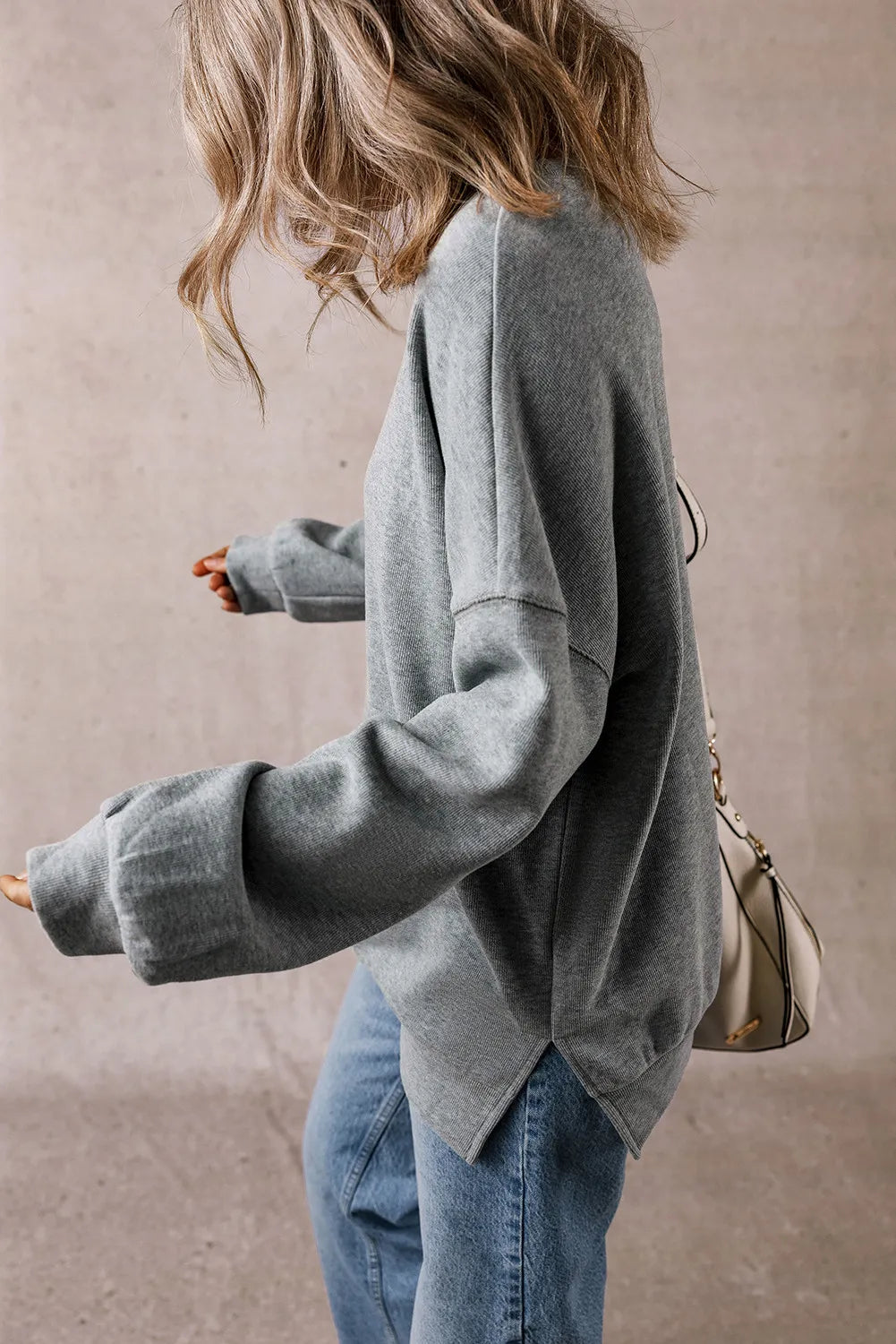 Slit Round Neck Long Sleeve Sweatshirt