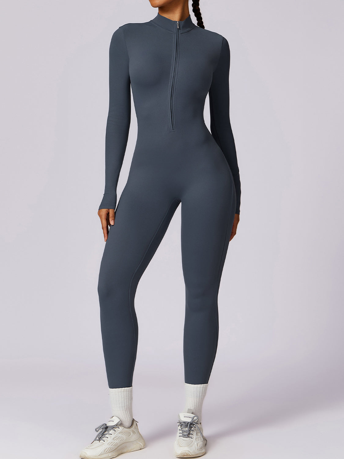 Zip Up Mock Neck Long Sleeve Jumpsuit