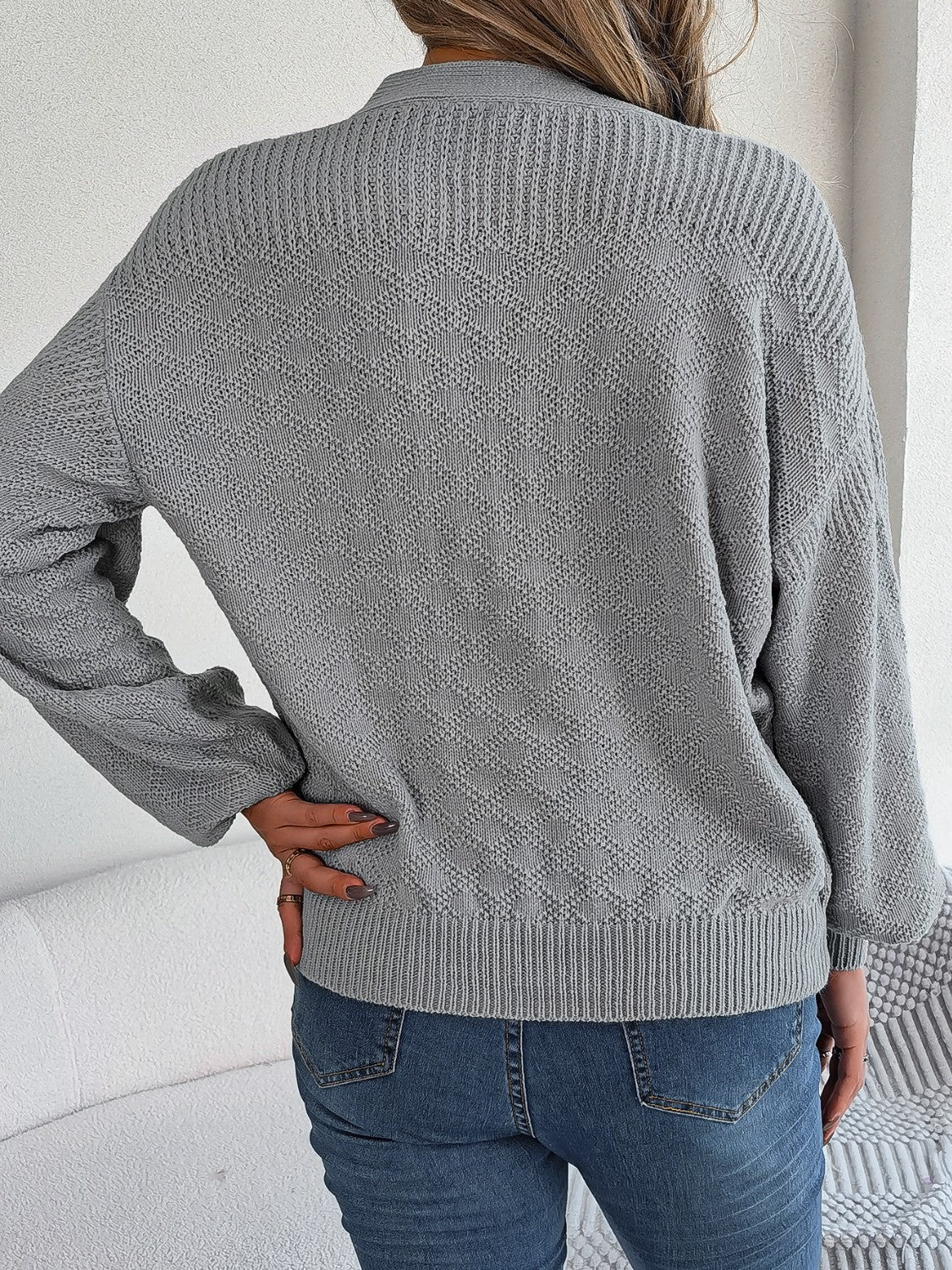 Half Button V-Neck Long Sleeve Sweater