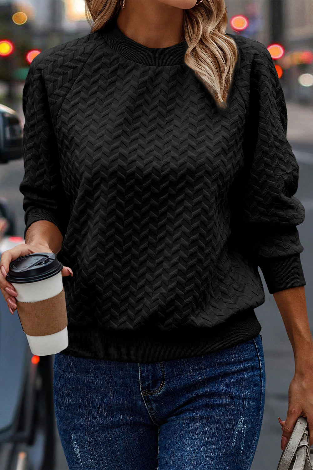 Texture Round Neck Long Sleeve Sweatshirt