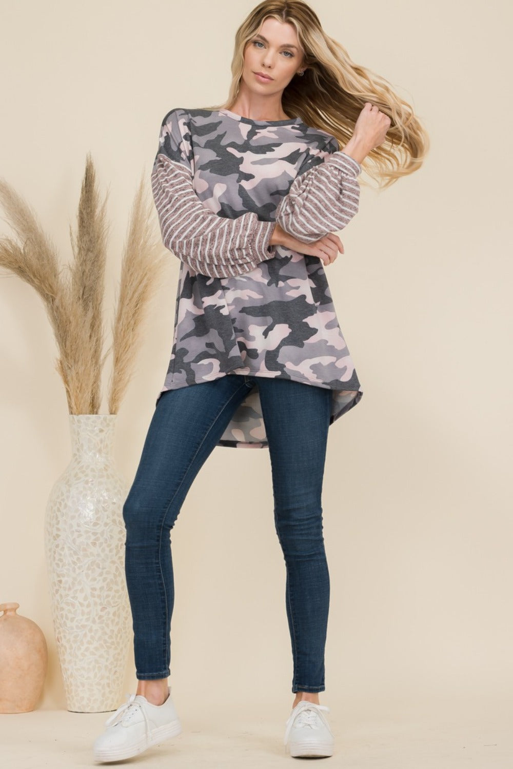 Celeste Full Size Camo Print High-Low T-Shirt with Stripe Sleeves