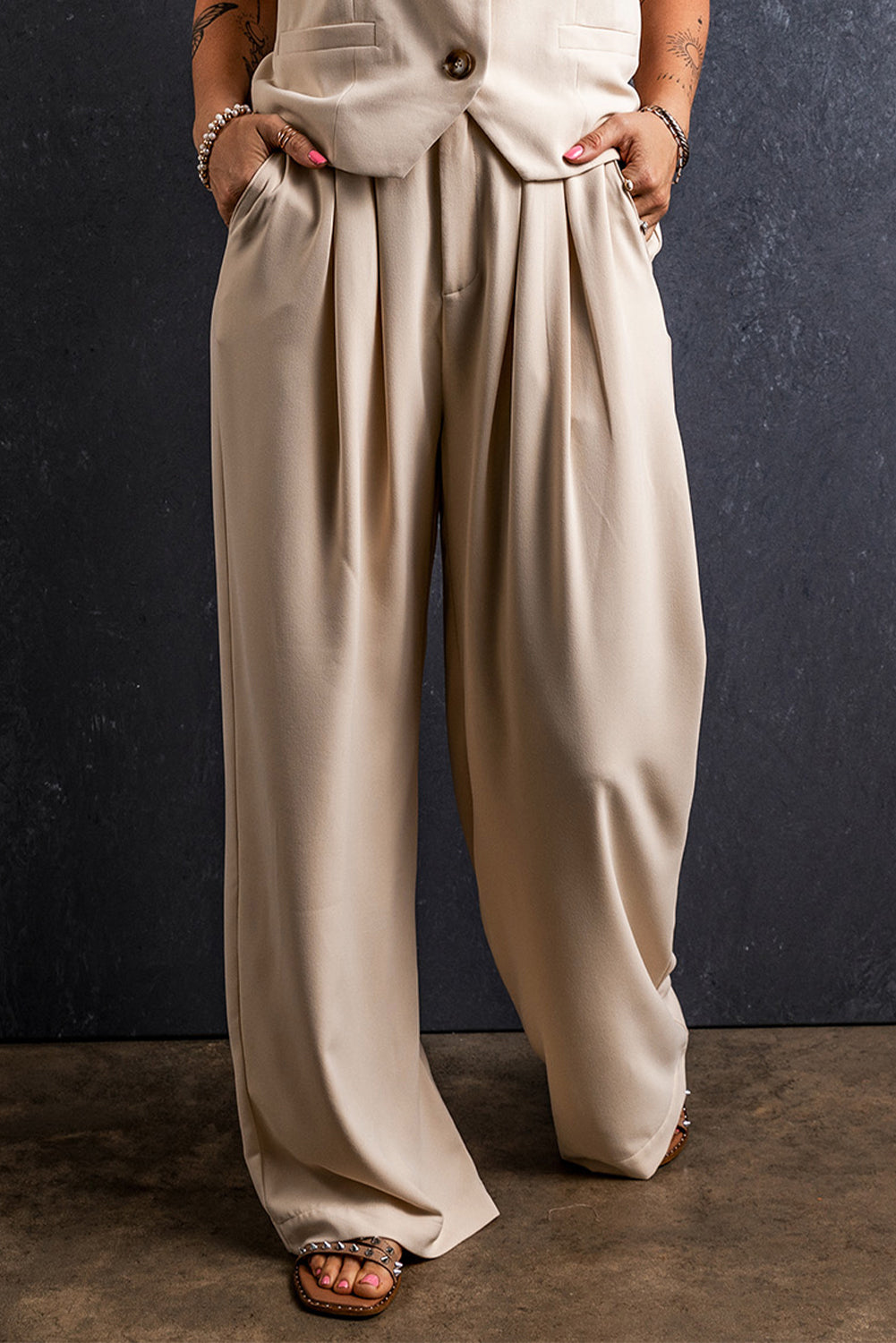 Ruched Wide Leg Pants with Pockets