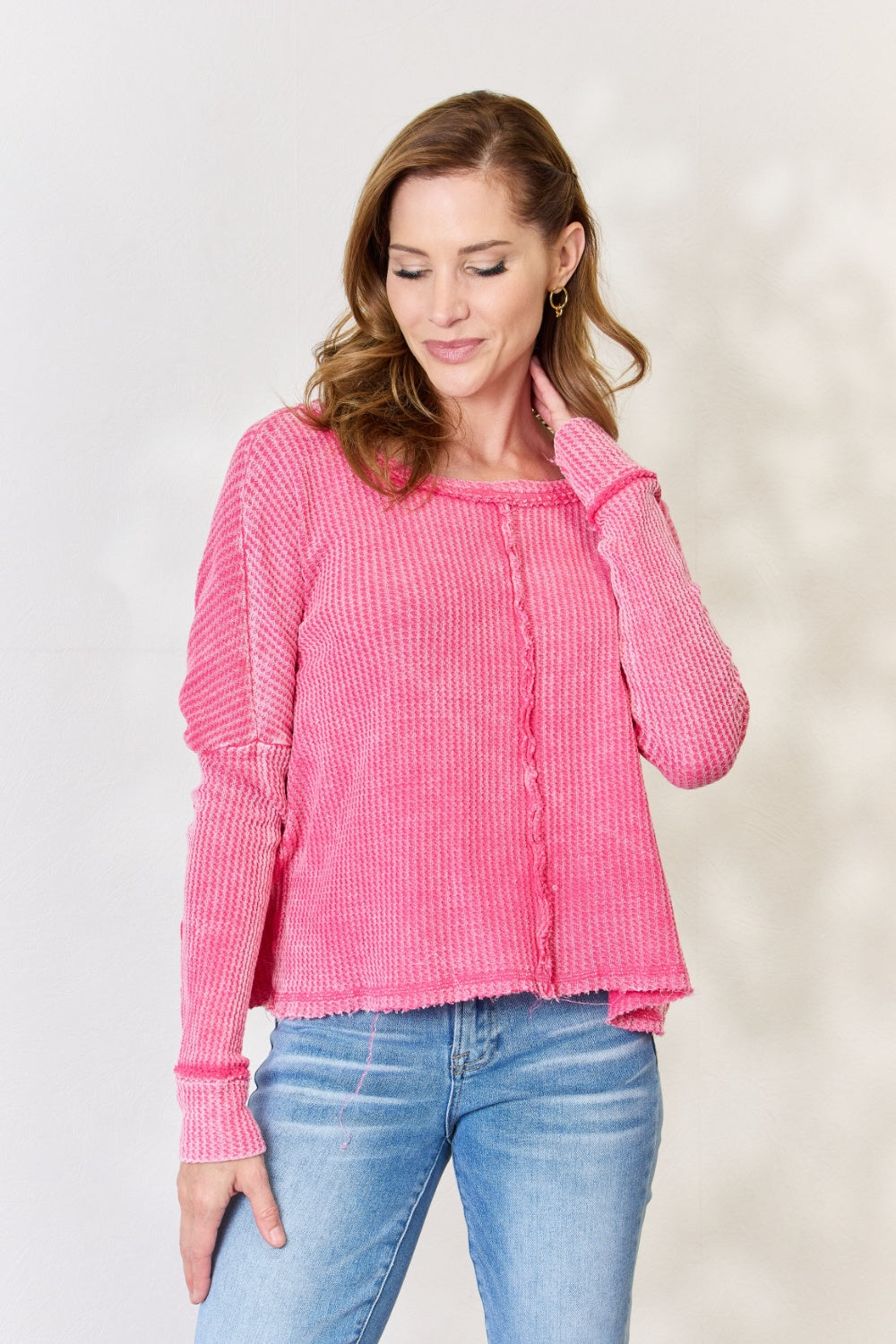 Zenana Washed Waffle-Knit Long Sleeve Top