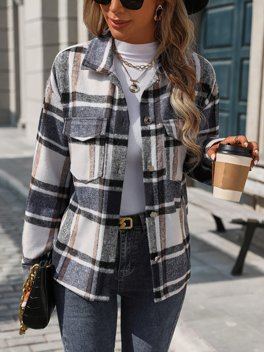 Plaid Button Up Drop Shoulder Jacket