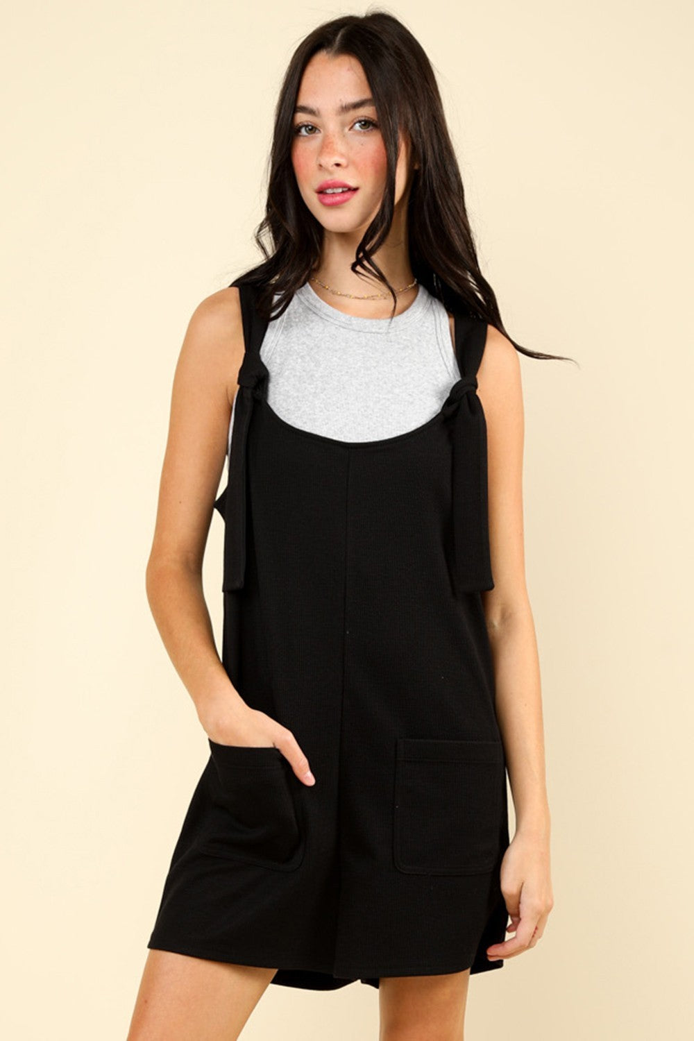 VERY J Tie Shoulder Front Pocket Romper