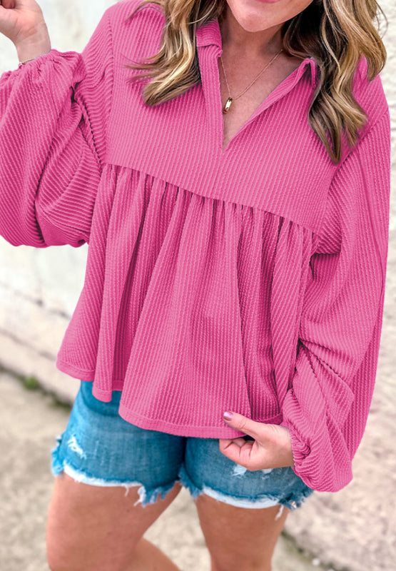 Corded Johnny Collar Long Sleeve Babydoll Blouse