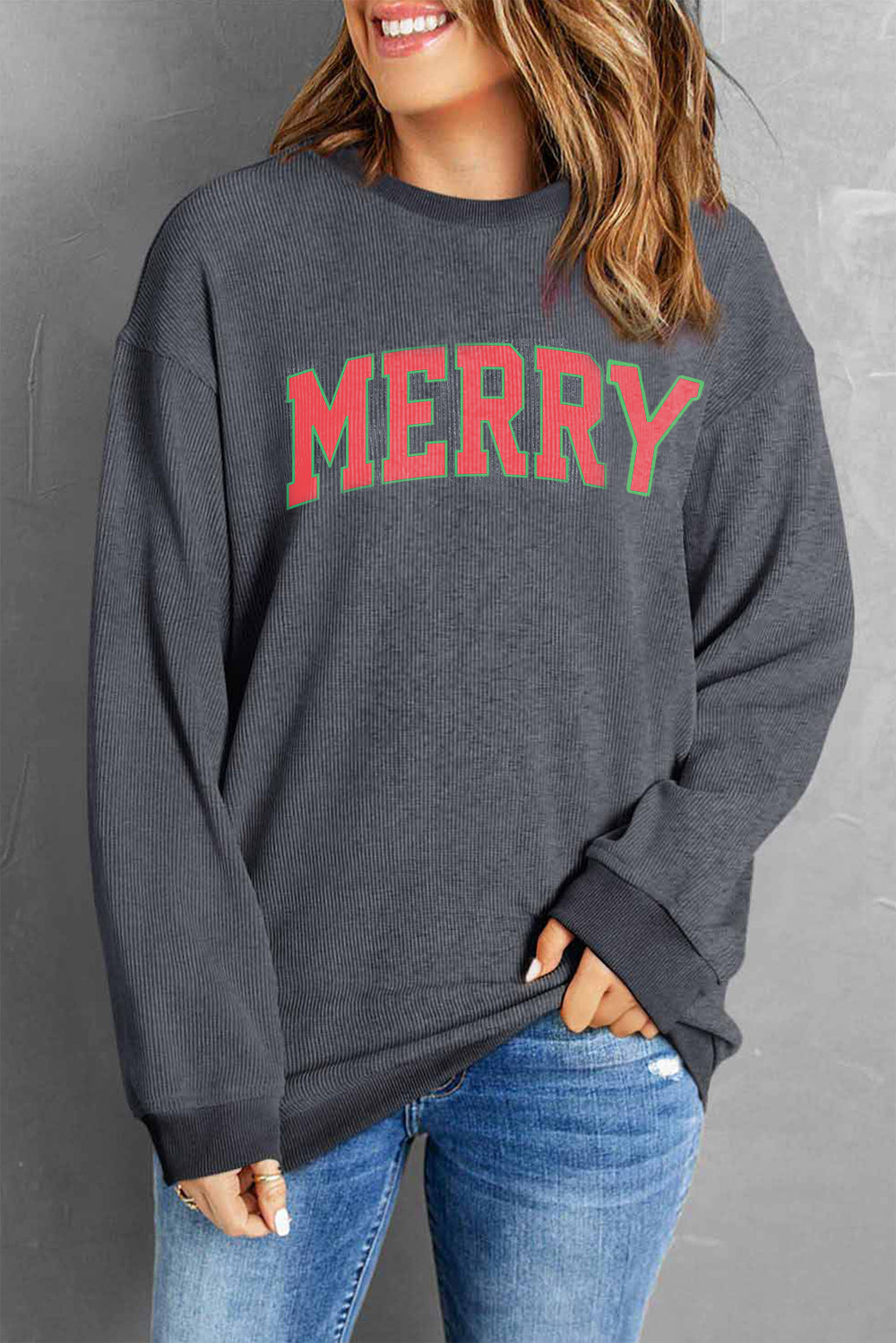 MERRY Ribbed Round Neck Long Sleeve Sweatshirt